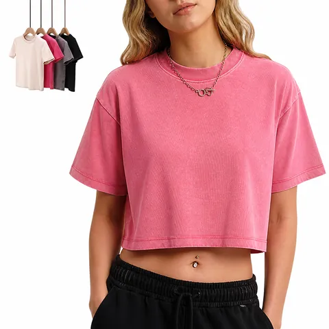 Women's Vintage Washed Crop T-Shirt Slim Fit Short Sleeve Round Neck Cotton Spandex Basic Top For Casual Summer Streetwear