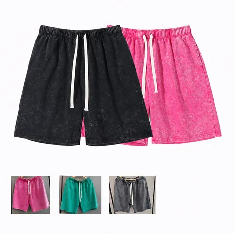 Men Retro Washed Cotton Shorts Wax Dye Distressed Loose Fit Elastic Waist Summer Casual Cargo Shorts Vintage Streetwear Shorts