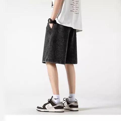 Men Retro Washed Cotton Shorts Wax Dye Distressed Loose Fit Elastic Waist Summer Casual Cargo Shorts Vintage Streetwear Shorts