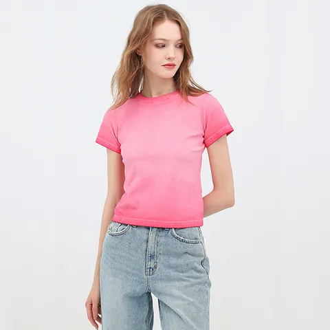 Women Vintage Gradient Cotton Spandex T-Shirt Retro Distressed Slim Fit Round Neck Short Sleeve Crop Top Casual Tee