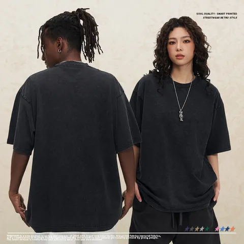 Men Heavyweight Cotton T-Shirt Oversized American Vintage Distressed Wash Top Drop Shoulder Round Neck Streetwear Short Sleeve Tee