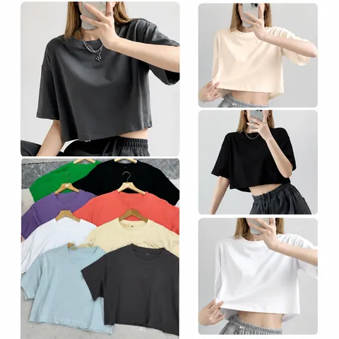 Camiseta Crop Top de Algodón Sexy para Mujer Color Sólido Cuello Redondo Manga Corta Top Ombligo al Aire Ajustada Hombro Caído Tee