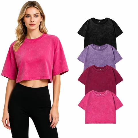 Dames Washed Distressed Crop Top T-Shirt Vintage Effen Kleur Ronde Hals Ruime Korte Mouw Top Voor Casual Streetwear