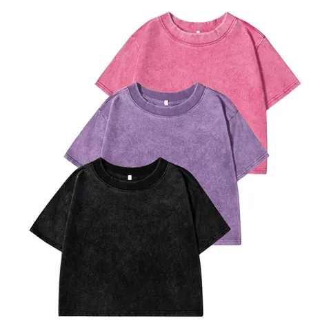 Dames Washed Distressed Crop Top T-Shirt Vintage Effen Kleur Ronde Hals Ruime Korte Mouw Top Voor Casual Streetwear