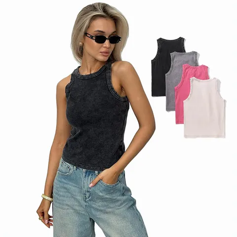 Women Retro Washed Distressed Ribbed Tank Top Summer Slim Fit Sleeveless Crew Neck Cropped Vest Base Layer Streetwear
