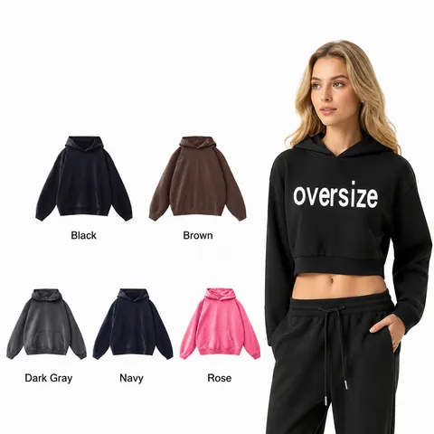 Women Oversized Cropped Hoodie Long Sleeve Drop Shoulder Washed Distressed Cotton Solid Color Pullover Top Casual Streetwear