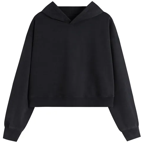 Women Oversized Cropped Hoodie Long Sleeve Drop Shoulder Washed Distressed Cotton Solid Color Pullover Top Casual Streetwear