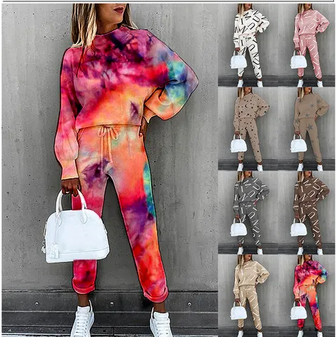 Γυναικείο Casual Σετ 2 Τεμαχίων με Τυπωτό Tie-Dye Ψηλός Λαιμός Μακρύ Μανίκι Top And Bottom Μόδα Πλεκτό Loungewear Outfit
