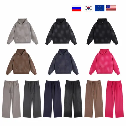 Men Vintage Washed Distressed Gradient Hoodie Sweatshirt Loose Fit Fleece Pullover Top And Bottom Matching Sweatpants Set