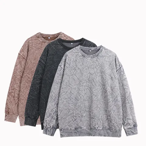 400g Heavyweight Crinkled Snow Wash Dark Pattern French Terry Crewneck Sweatshirt Men Oversized Cotton Blend Loose Casual Top