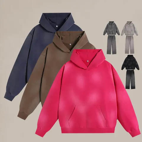 Men Vintage Washed Distressed Gradient Hoodie Sweatshirt Loose Fit Fleece Pullover Top And Bottom Matching Sweatpants Set