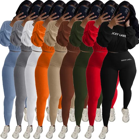 Ensemble Sportif Décontracté Top And Bottom Pour Femmes Broderie Lettres Haut Court Manches Longues Et Leggings Taille Haute