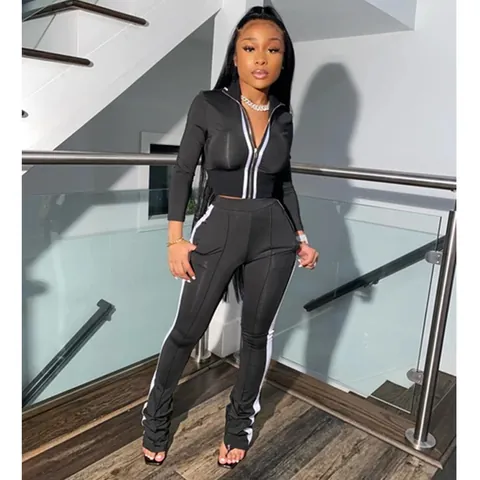 Women Casual Sports Two Piece Set Patchwork Zip Up Mock Neck Jacket And Slim Long Track Pants Tracksuit Top And Bottom