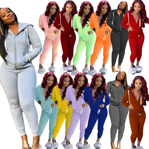 Women's Casual Western Style Tracksuit Solid Color Hooded Zip-Up Top And Bottom Matching Set For Autumn Sports