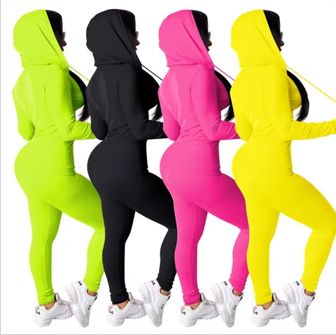 Women Casual Slim Fit Long Sleeve Hooded Zipper Top And Bottom Solid Color Knitted Tracksuit Jogging Running Sports Outfit