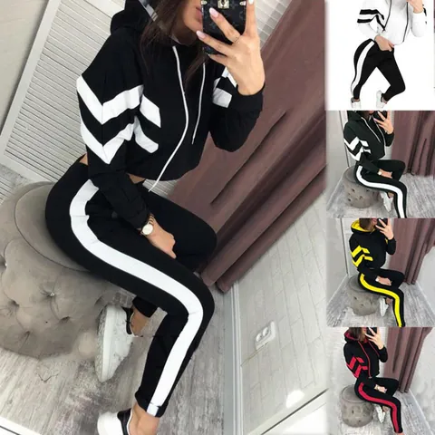 Women Striped Hooded Crop Top And Bottom Polyester Casual Long Sleeve Sweatshirt Sweatpants Fashion Tracksuit Outfit