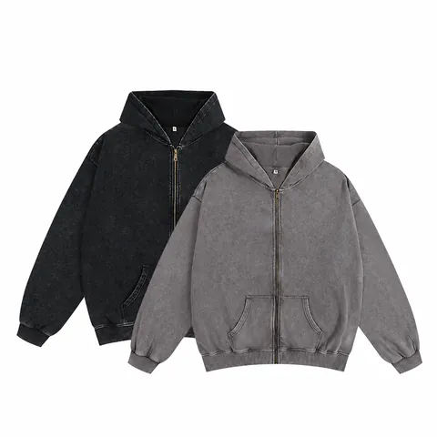 Men's Vintage Washed Distressed Zip Hoodie 350g Heavyweight Terry Oversized Hooded Jacket Sweatshirt Top