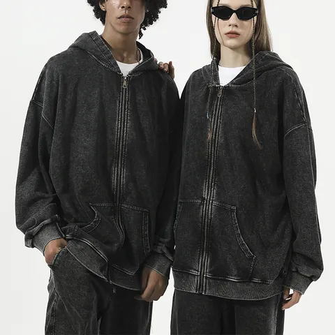 Men's Vintage Washed Distressed Zip Hoodie 350g Heavyweight Terry Oversized Hooded Jacket Sweatshirt Top