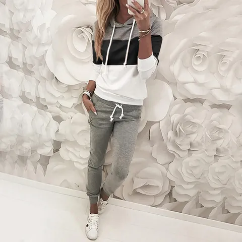Women Casual Color Block Patchwork Hooded Sweatshirt And Sweatpants Set Long Sleeve Pullover Top And Bottom Tracksuit Outfits