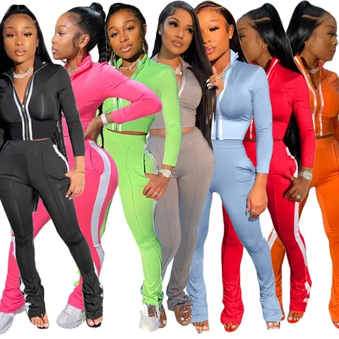 Women Casual Sports Two Piece Set Patchwork Zip Up Mock Neck Jacket And Slim Long Track Pants Tracksuit Top And Bottom