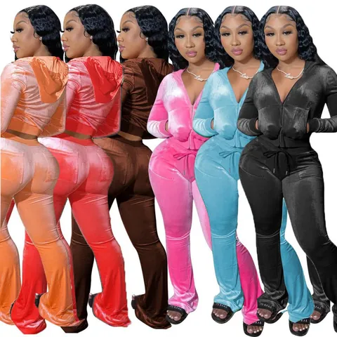Women Casual Solid Color Spandex Hoodie And Pants Top And Bottom Set With Pockets Sporty Tracksuit