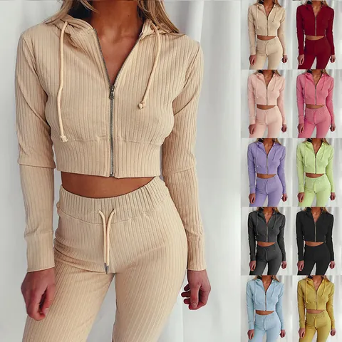 Chándal con Capucha Acanalado para Mujer Casual de Manga Larga Crop Top con Cremallera y Pantalones Ajustados de Cintura Alta Ropa Deportiva
