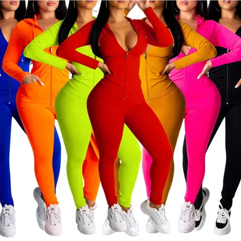 Women Casual Slim Fit Long Sleeve Hooded Zipper Top And Bottom Solid Color Knitted Tracksuit Jogging Running Sports Outfit