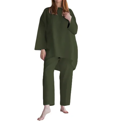 Completo Due Pezzi da Donna Casual in Poliestere Taglio Largo Top a Maniche Lunghe e Pantaloni Tinta Unita Outfit per Vacanze