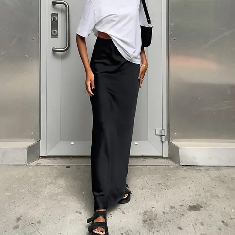 Women High Waist Satin Midi Skirt Elegant Faux Silk Ruched Pencil Skirt Solid Color European American Casual Bodycon Bottoms