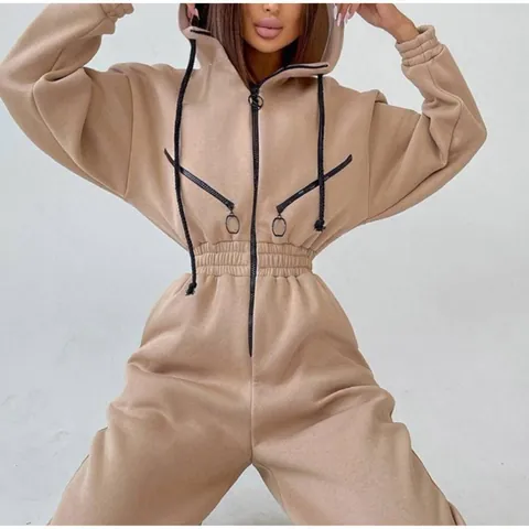Women's Casual Hooded Jumpsuit Long Sleeve Zipper Front Sweatshirt Romper One Piece Sporty Outfit Solid Color Autumn Fashion