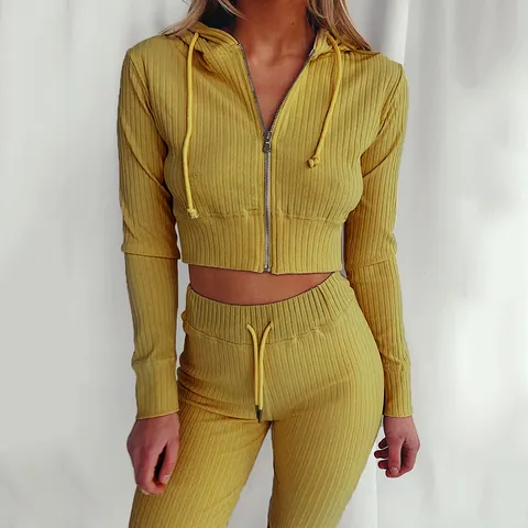 Chándal con Capucha Acanalado para Mujer Casual de Manga Larga Crop Top con Cremallera y Pantalones Ajustados de Cintura Alta Ropa Deportiva