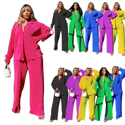 Women Casual Pleated Two Piece Set Long Sleeve Turndown Collar Button Shirt And Wide Leg Pants Solid Sexy Streetwear Lounge Suit