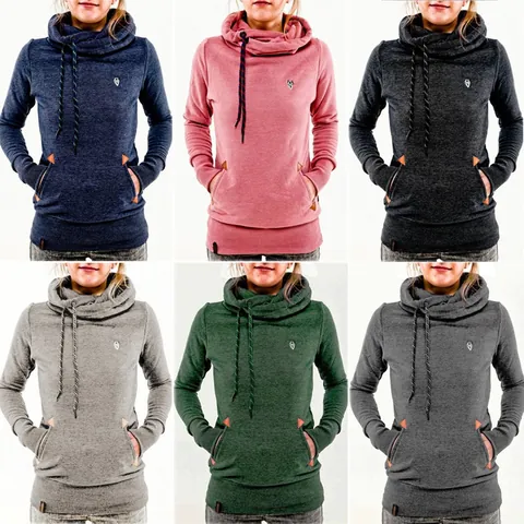 Women Casual Cowl Neck Hooded Sweatshirt Long Sleeve Fleece Hoodie With Kangaroo Pocket Animal Embroidery Leather Patch Top