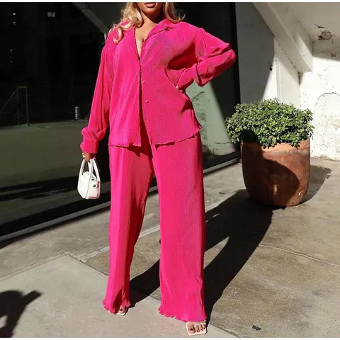 Women Casual Pleated Two Piece Set Long Sleeve Turndown Collar Button Shirt And Wide Leg Pants Solid Sexy Streetwear Lounge Suit