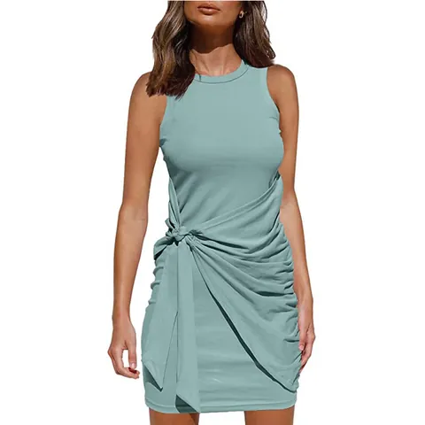Women Sleeveless Round Neck Ruched Dress Bow Knot Belt Asymmetric Hem Solid Color Bodycon Casual Summer Party Dress Women