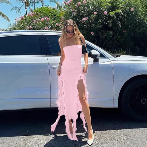 Women Sexy Off Shoulder Ruched Bodycon Dress Irregular Ruffle Hem Solid Color Sleeveless Midi Party Dress Summer Clubwear