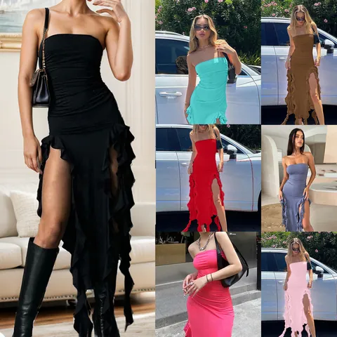 Women Sexy Off Shoulder Ruched Bodycon Dress Irregular Ruffle Hem Solid Color Sleeveless Midi Party Dress Summer Clubwear