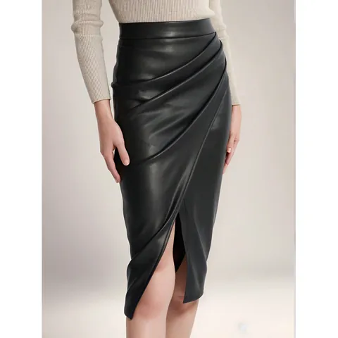 Women High Waist PU Leather Ruched Mini Skirt Sexy Front Slit Bodycon Pencil Skirt Urban Fashion Commuting Style Bottom