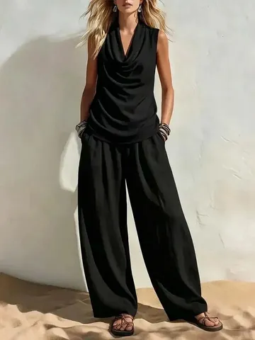 Women Summer Casual Top And Bottom Cowl Neck Sleeveless Top Wide Leg Pants Polyester Splicing Two Piece Set Outfit
