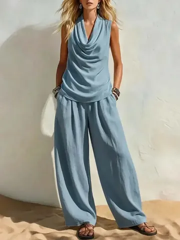 Women Summer Casual Top And Bottom Cowl Neck Sleeveless Top Wide Leg Pants Polyester Splicing Two Piece Set Outfit