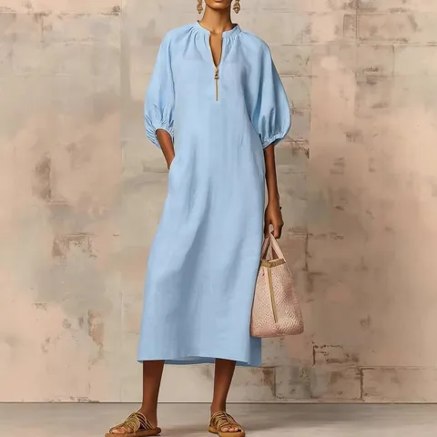 Vestido Largo Casual de Poliéster para Mujer Manga Abullonada Cuello en V Cremallera Patchwork Ajuste Holgado Retro Color Sólido
