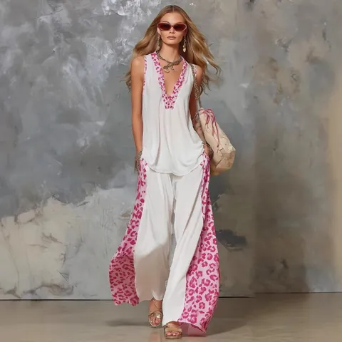 Women Summer Leopard Print Stitching Two-Piece Set Sleeveless V-Neck Vest Top and High Waist Wide Leg Pants Streetwear Casual Suit
