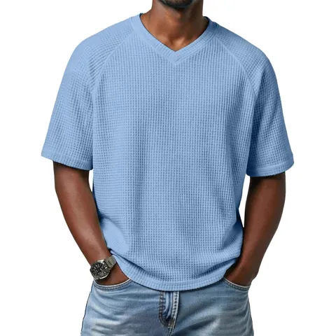 Men's Waffle Knit Cotton Blend T-Shirt Fashion Raglan Sleeve V-Neck Short Sleeve Casual Lightweight Breathable Tee Top For Men
