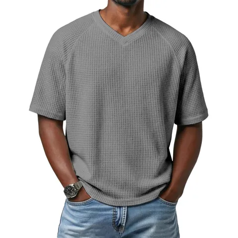 Men's Waffle Knit Cotton Blend T-Shirt Fashion Raglan Sleeve V-Neck Short Sleeve Casual Lightweight Breathable Tee Top For Men