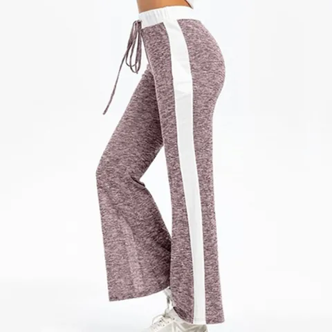 Women Casual Wide Leg Pants Cotton Blend Marl Print Side Stripe High Waist Drawstring Sporty Flare Bottoms Fashion Trousers