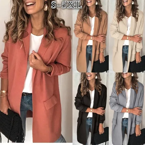 Women Casual Long Sleeve Blazer Jacket Polyester Solid Color Lapel Open Front Outerwear With Fake Pockets Autumn Winter Blazer