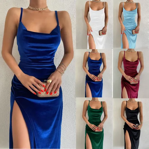 Damen Sexy Wasserfall-Ausschnitt Seide Satin Midi Cami Kleid Ärmellos Slim Fit Seitenschlitz Abendparty Kleid Einfarbig Sommer