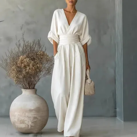 Women Elegant V-Neck Jumpsuit Polyester Solid Color Cinched Waist High Waist Wide Leg Romper Short Sleeve Casual Office Lady Fashion