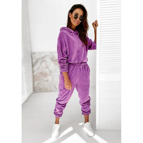 Women Velvet Hooded Tracksuit Solid Color Long Sleeve Top And Bottom Casual Loungewear Sporty Outfit For Autumn Winter