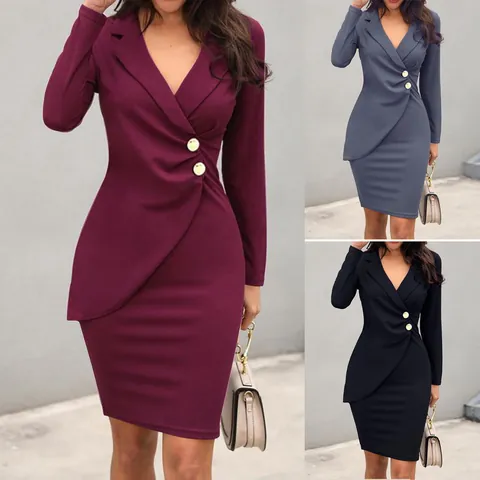 Slim Fit Blazer Dress For Women V Neck Long Sleeve Asymmetric Wrap Bodycon Professional Office Midi Dress Gold Buttons Polyester Splicing